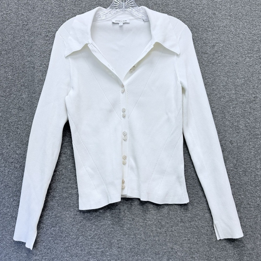 Veronica Beard Ribbed Cardigan Size L Quiet Luxury Preppy Elevated Collared Top